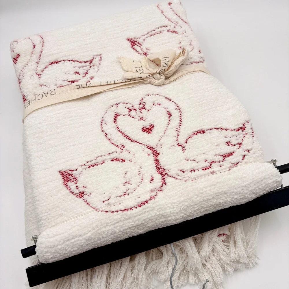 Rachel Zoe Red Swan Heart Plush Decorative Throw Blanket Cream Fringe 50x70 NEW